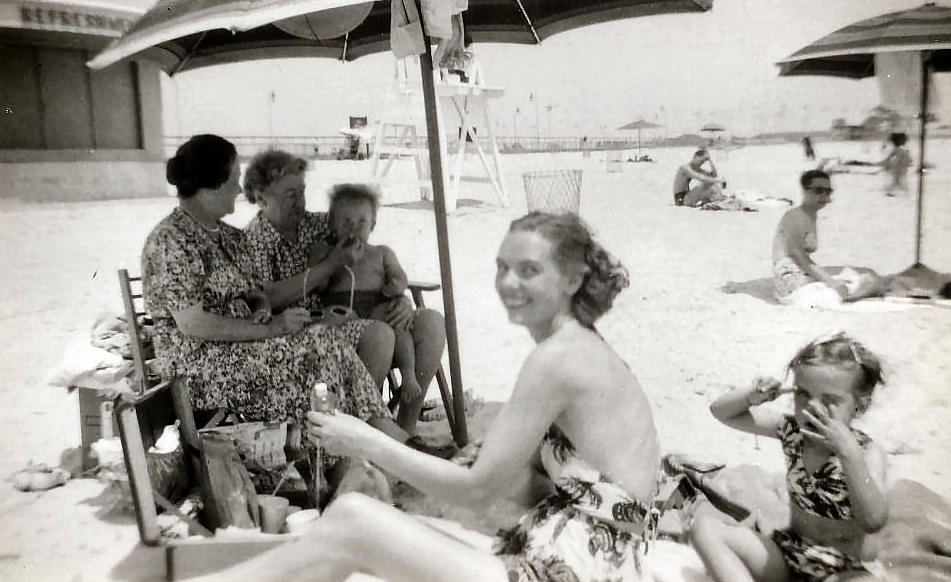 Nanny, Grandma Davids, Teddy, Aunt Ruth, Janet, Jones Beach, New York. 1947 